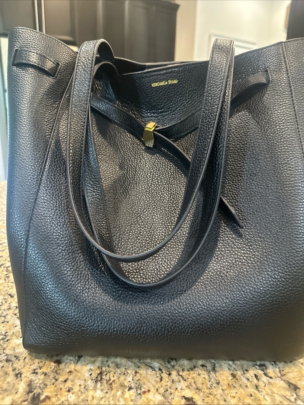 Veronica Beard Black Pebbled Leather Tote with Gold Accent